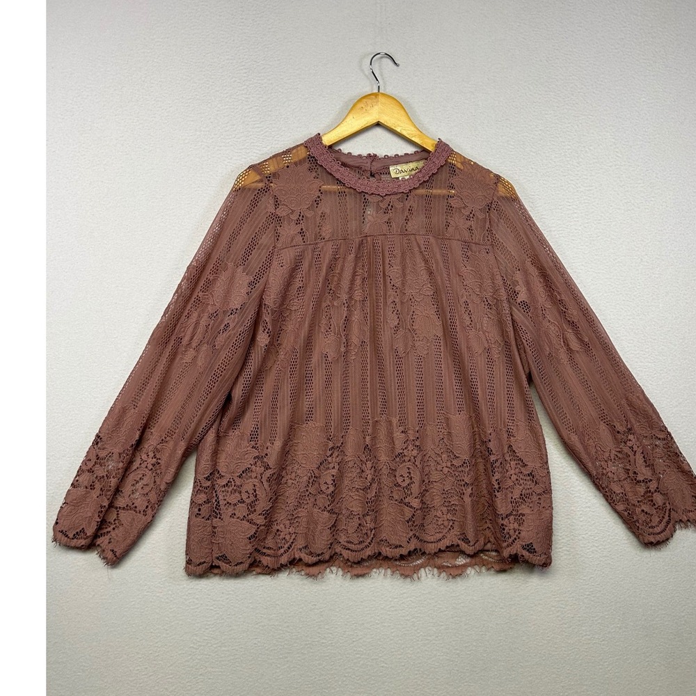 Boho Cottagecore Davina Womens XXL Mauve Pink Sheer Floral Lace Long Sleeve Top